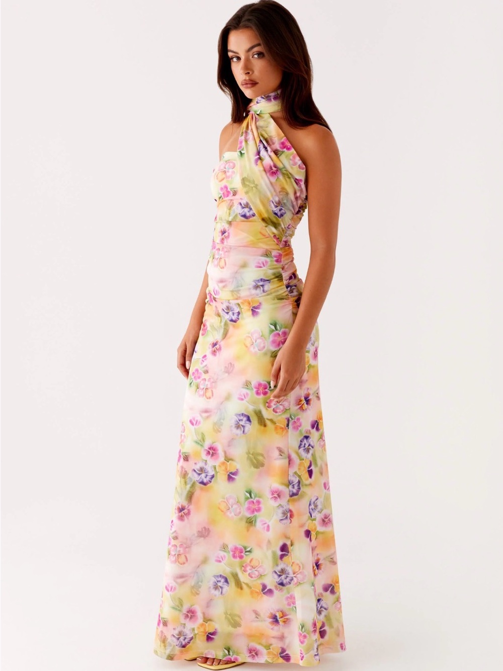 Peppermayo Floral Halter Maxi Dress in Pastel Yellow, Pink, Purple - Picture 2 of 3